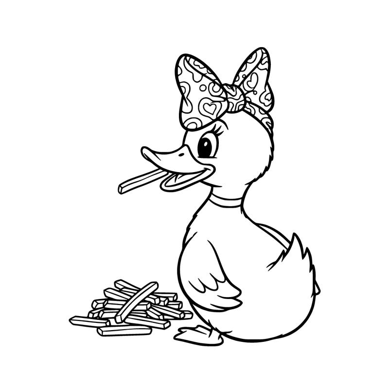 a duck is eating fries with a bow on her head