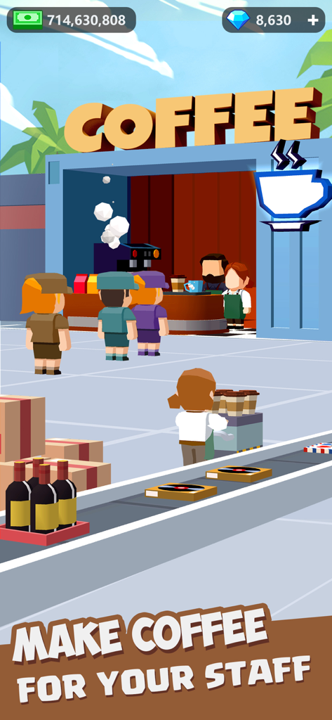 Staff characters queuing at a 3D coffee shop in the Idle Courier mobile game
