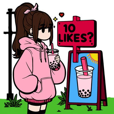 girl with oversized hoodie drinking boba and she has a high ponytail with a sign that says 10likes?