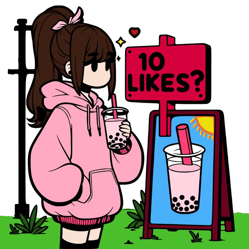 girl with oversized hoodie drinking boba and she has a high ponytail with a sign that says 10likes?