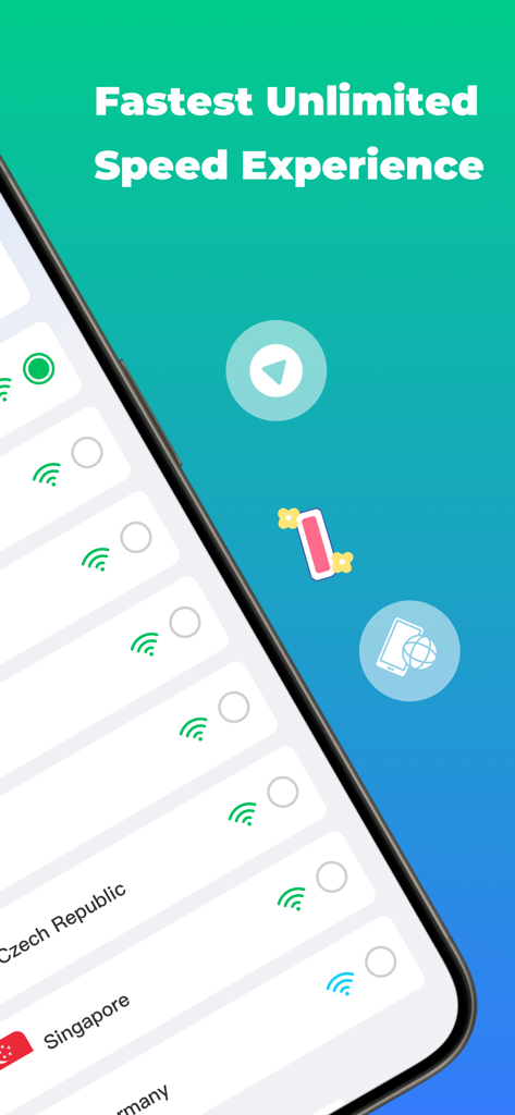 Fly VPN app interface showing a list of global server locations and a headline for fast unlimited speed