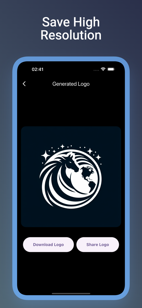AI Logo Maker : logo generator - AI Logo Maker app screen showing a generated horse logo with download and share buttons