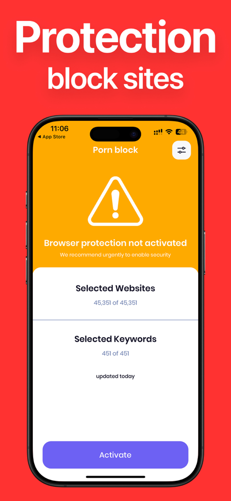 PornBlocker App - PornBlocker App interface showing browser protection status and activation button