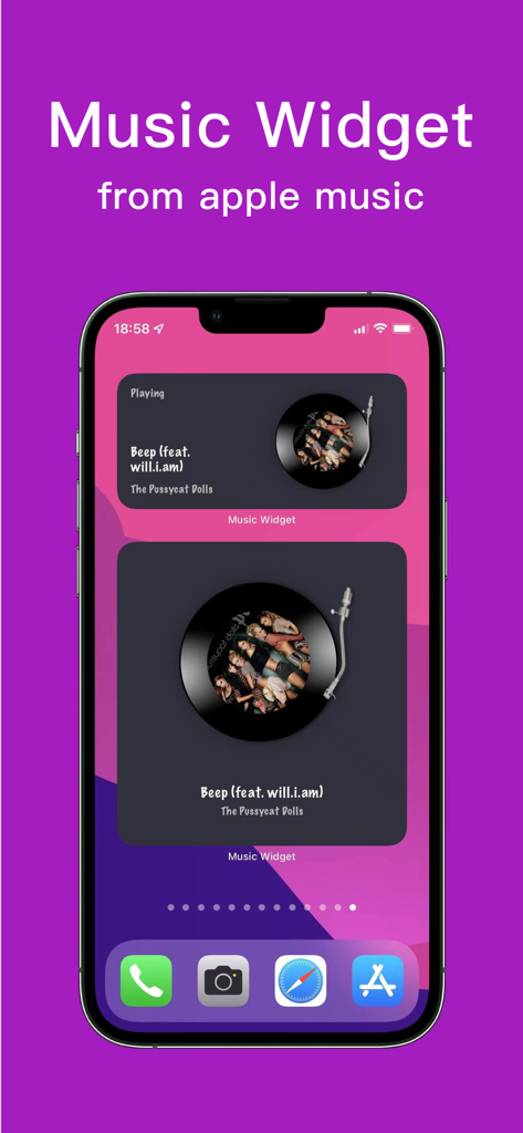 Music Widget displaying spinning vinyl record widgets on an iPhone home screen.
