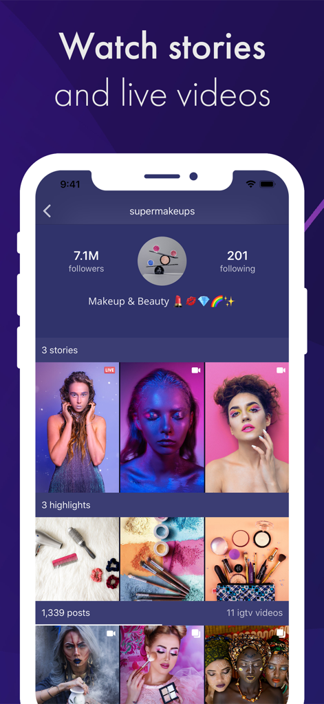 Oberfläche der Reports Plus App zeigt ein Instagram-Profil mit Optionen zum Ansehen von Stories und Live-Videos in High Definition.