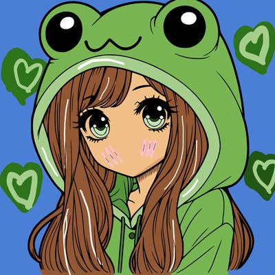 a pretty girl wearing a frog hoodie portrait with long hair