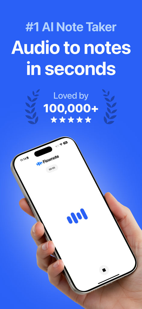 Flownote AI app interface on an iPhone displaying audio to notes transcription feature and user social proof