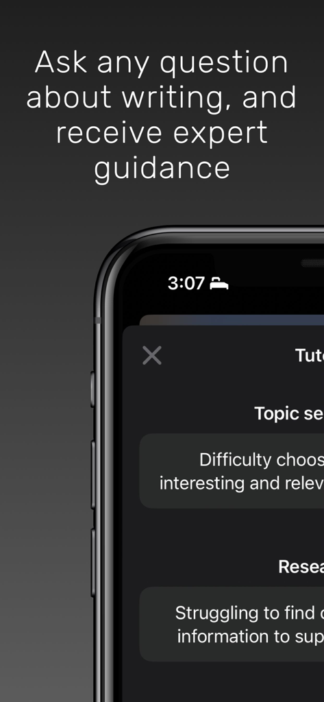 AI Essay Writer: Writing Tools - Bildschirm eines Smartphones, der professionelle Schreibhinweise von der KI-Essay-Schreiber-App anzeigt
