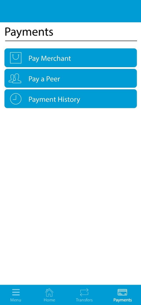 1st National Bank - Payments menu in the 1st National Bank St. Lucia mobile app showing options for merchant payments and peer transfers