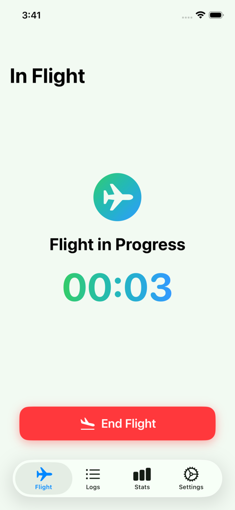 My Drone Log Books - Interface of My Drone Log Books app showing an active flight timer and an end flight button