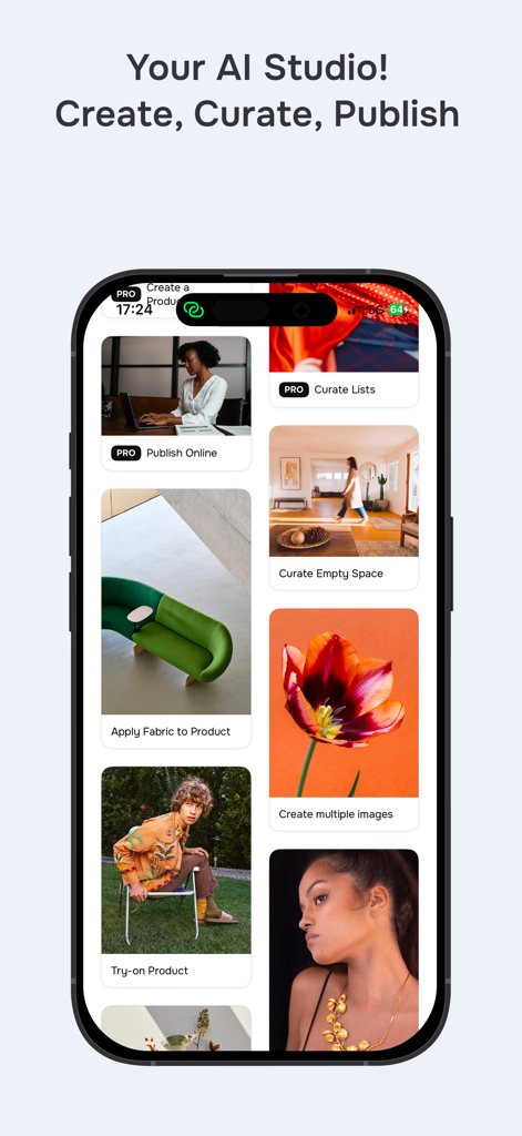 Folio AI - Folio AI mobile app interface showing studio tools for professional product catalog creation and editing