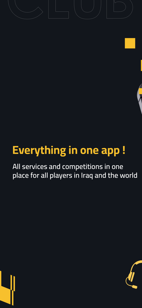 G Club - Intro screen of G Club app for gamers featuring services and competitions