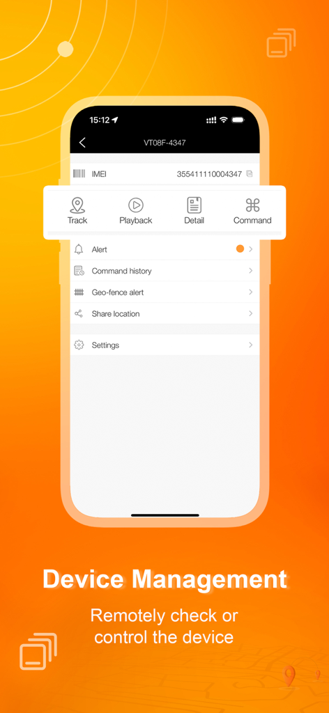 Protrack GPS - Protrack GPS App-Oberfläche, die Geräteverwaltungsfunktionen anzeigt, einschließlich Track, Wiedergabe und Fernbefehle.