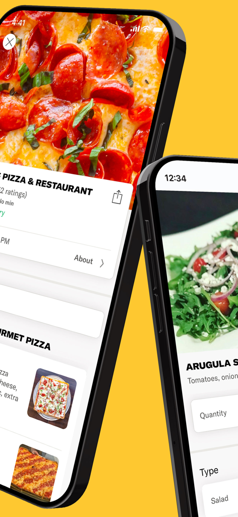 Interface mobile de l'application Slice affichant des options de menu de pizzas et de salades sur deux iPhones.