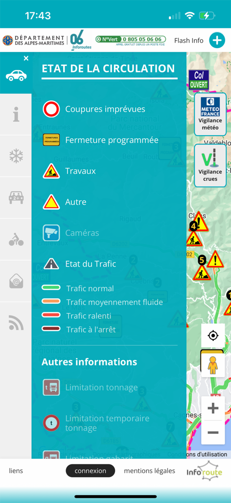 Inforoutes 06 - Inforoutes 06 mobile app interface showing a traffic status menu with icons for road closures cameras and roadworks over a map of the Alpes-Maritimes region
