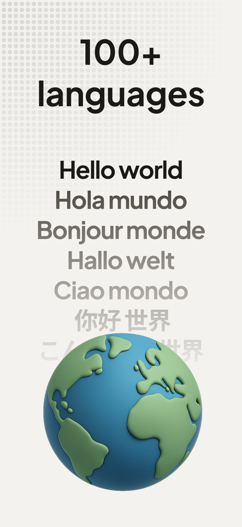 Coconote app interface showing support for over 100 languages with a globe icon and multi language translations
