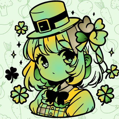 a manga-style girl with clovers around her, a little hat in her hair, like it's saint patrick's day