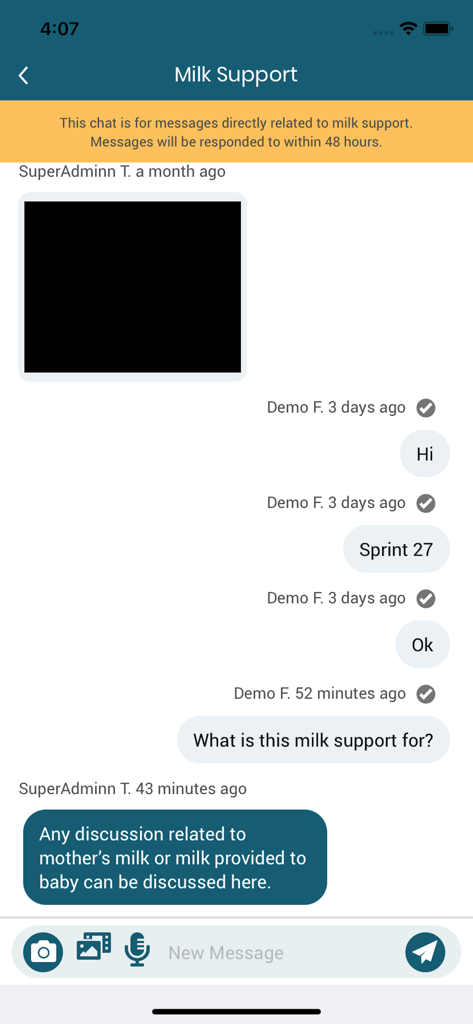 Interface showing a secure chat for parents to receive milk support for their baby in the NICU.