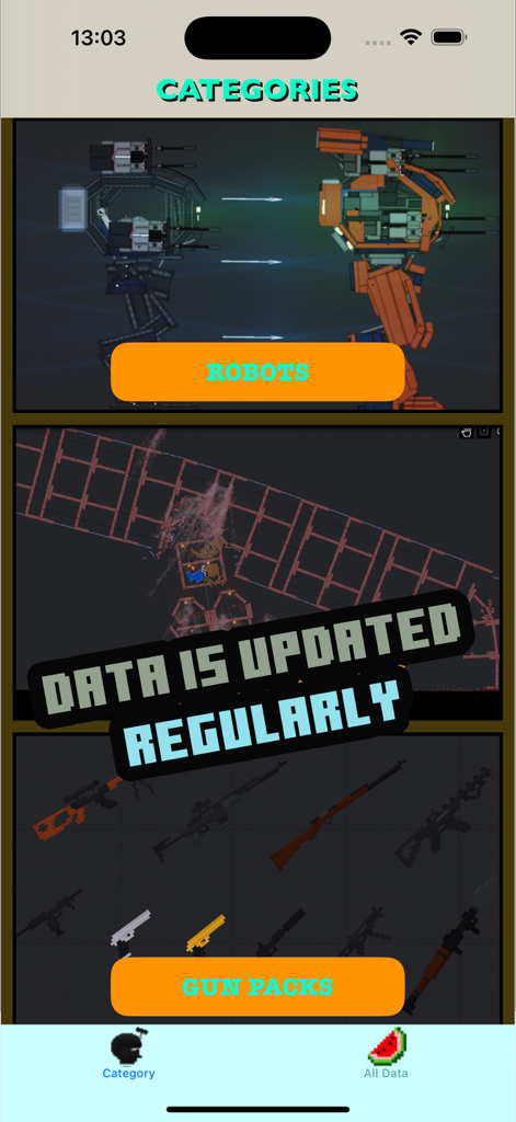 Interfaz de la aplicación Addons for Playground Ragdoll mostrando categorías de mods para robots y packs de armas