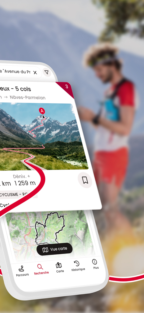 OpenRunner – Bike, hike, trail - OpenRunner app interface showing a mountain hiking route with elevation details and map