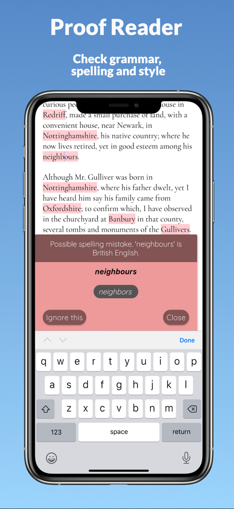 Narrative: Novel Writing App - Mobile interface of the Narrative app showing a grammar and spelling proofreading feature.