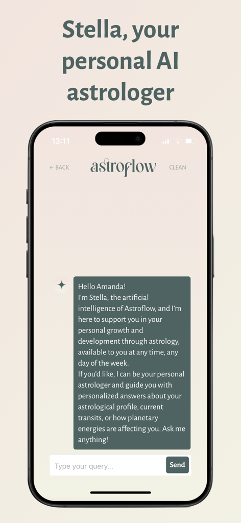 A smartphone screen displaying the Astroflow app chat interface with Stella the AI astrology assistant providing personalized growth support
