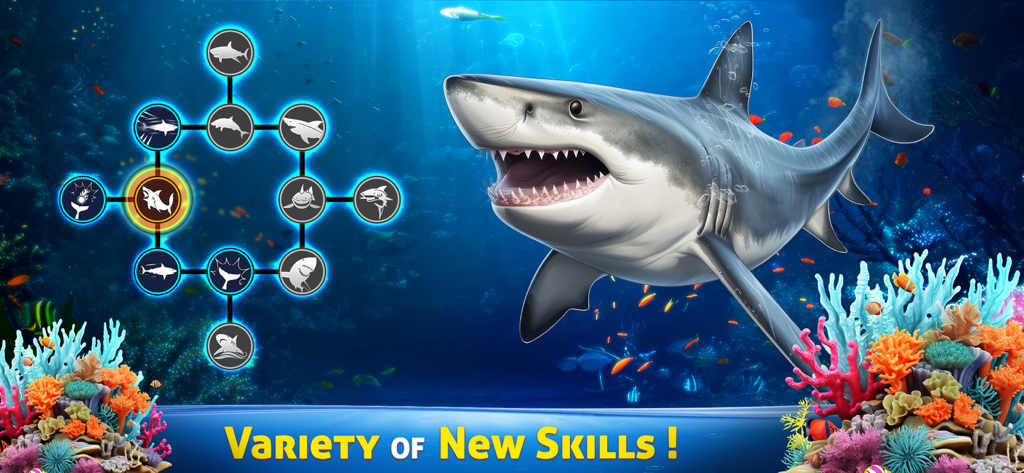Survival Underwater Shark Game - A large great white shark next to a skill tree menu in an underwater ocean environment.
