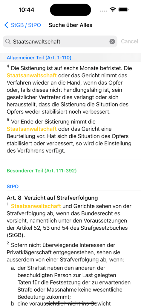 StGB / StPO - Search interface of the StGB / StPO app showing Swiss criminal law articles for the term Staatsanwaltschaft.