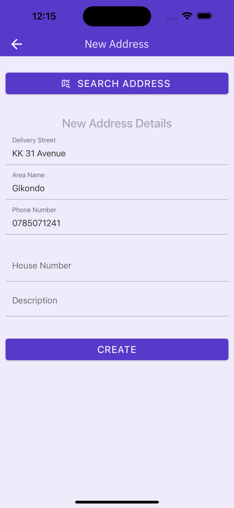 Interface do aplicativo UZA Rwanda mostrando um formulário para inserir um novo endereço de entrega, incluindo nome da rua e número de telefone.