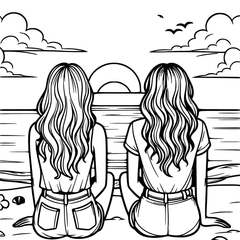 two girls bestfriends staring at the sunset on the beach