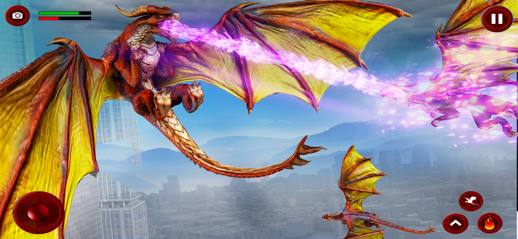 Dragon City Attack:Dragon Game - Dragão voador cuspindo fogo roxo durante uma batalha de ataque à cidade no jogo para celular