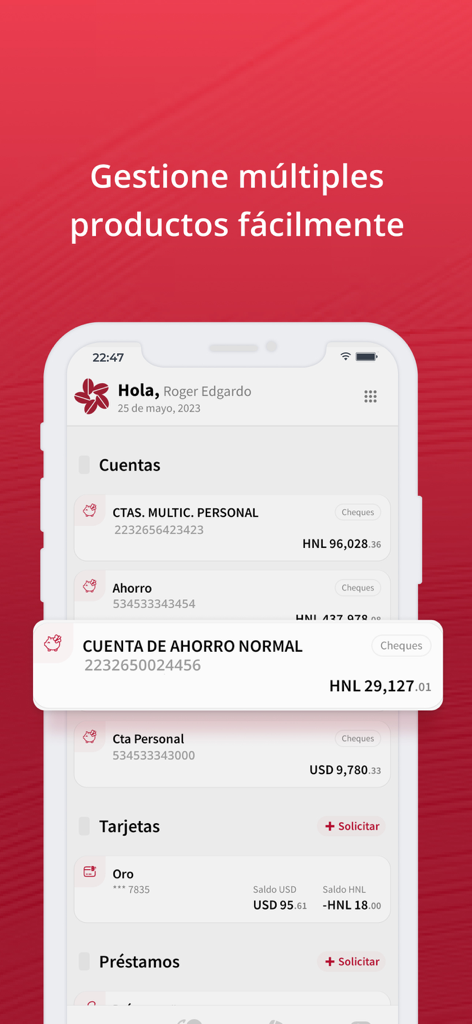 BANHCAFE Online - Panel de la aplicación móvil BANHCAFE Online que muestra cuentas de ahorro y tarjetas de crédito