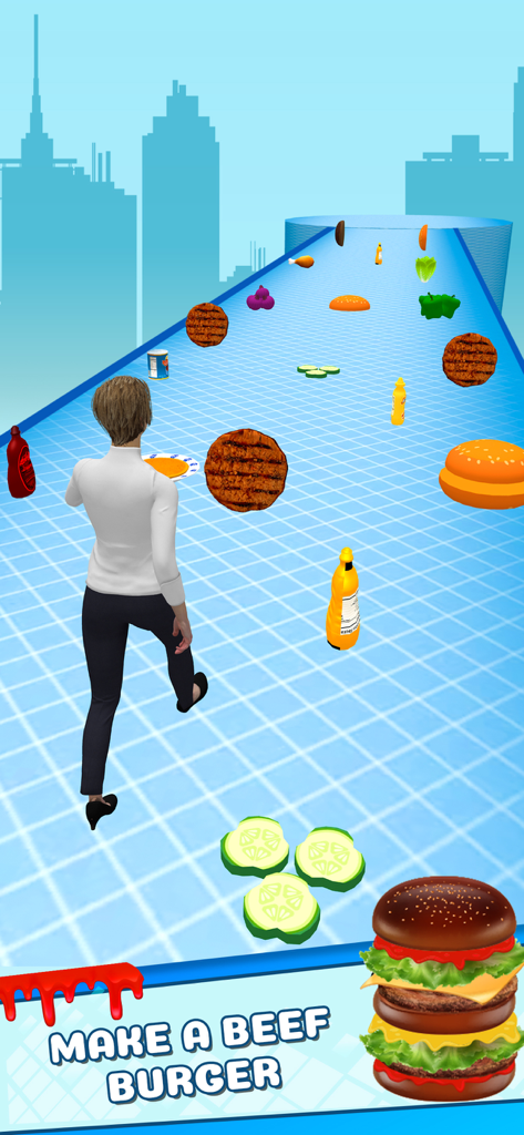 Burger Please Run Stack Game - A character running on a track collecting ingredients to stack a beef burger in a city setting