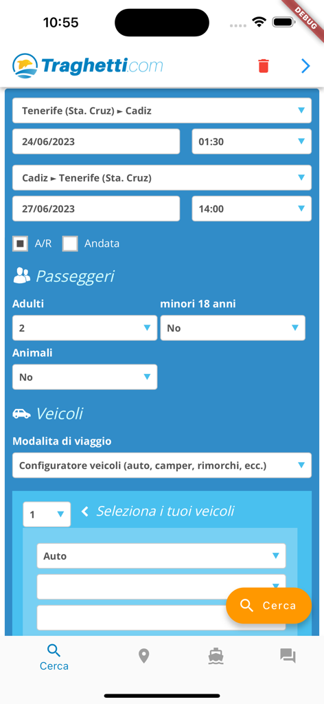 Ferries on line - Interfaz de búsqueda de la aplicación Ferries on line mostrando un viaje de Tenerife a Cádiz con opciones de pasajeros y vehículos
