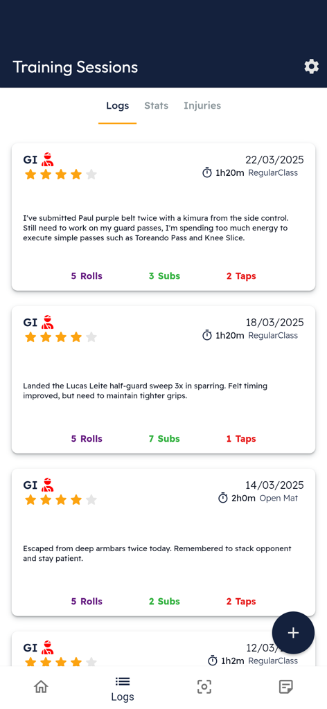 A list of Brazilian Jiu-Jitsu training session logs with notes and rolling statistics