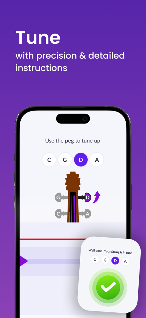 Learn & Play Cello - tonestro - Cello tuning interface in the tonestro app showing precise string adjustment instructions