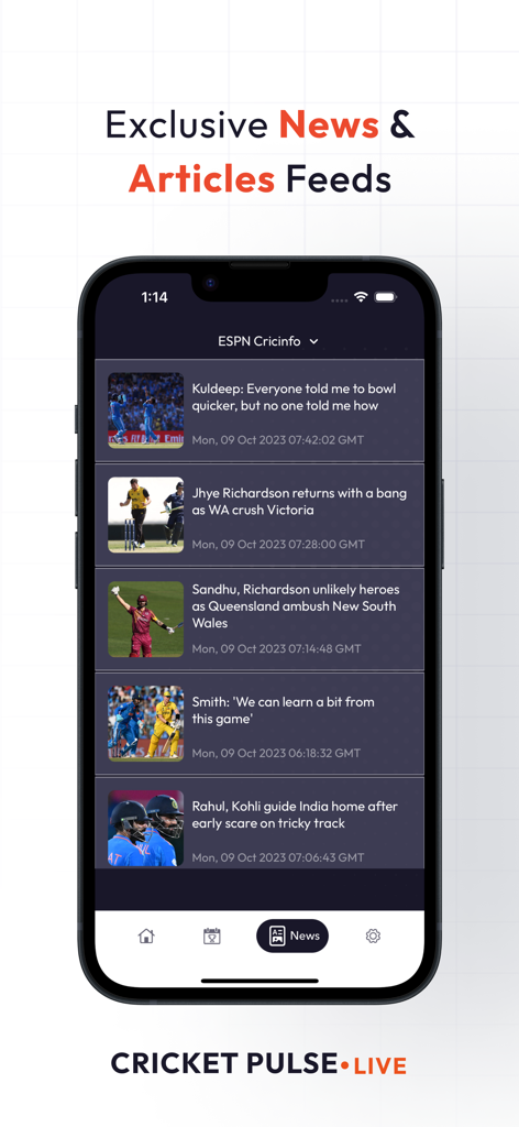 Cricket Pulse - Live Scores - Cricket Pulse app screen showing a list of latest cricket news articles