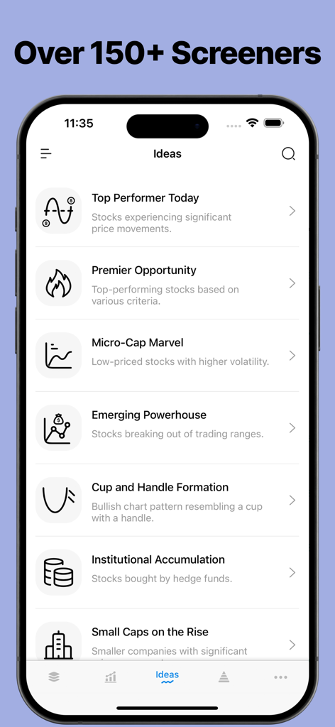 Trading Ideas Driven by AI - トレーディングアイデアモバイルアプリインターフェースの150以上の株式市場スクリーナーのリスト