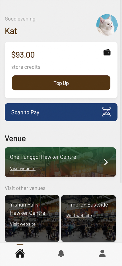 Timbre app home screen showing store credit balance scan to pay button and a list of food hall venues
