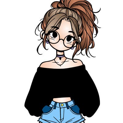 girl with a messy ponytail glasses a baggy crop top and jean shorts