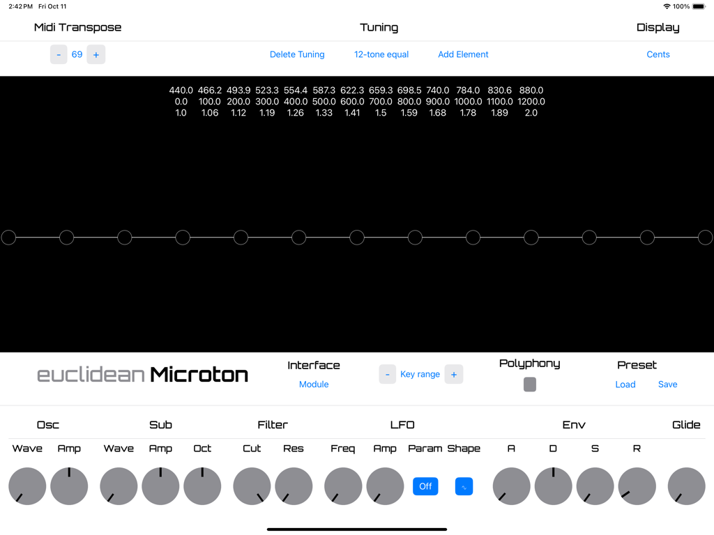 Interfaz del sintetizador analógico virtual Microton que presenta un visualizador de afinación de monocordio y perillas de diseño de sonido