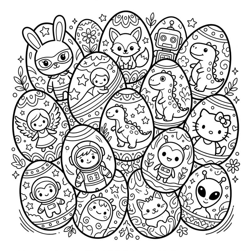 Get ready for an egg-cellent time with this delightful coloring page featuring an array of beloved character Easter eggs. From friendly dinosaurs to space explorers and cute animals, there's a charming surprise on every egg, perfect for young artists.