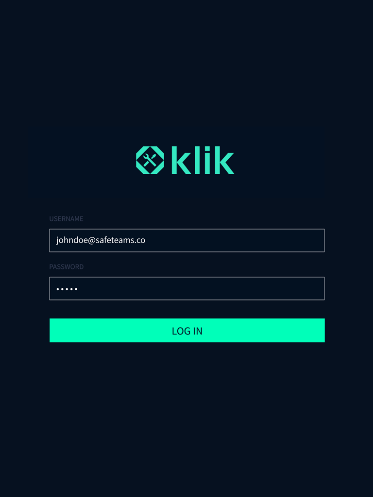 Klik Technician App - Klik Technician App login screen with username and password fields