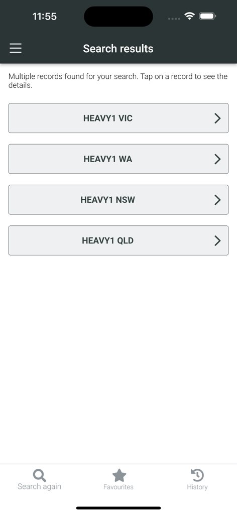 Search results screen in the NHVR Registration Checker app showing multiple vehicle registration records for different Australian states.