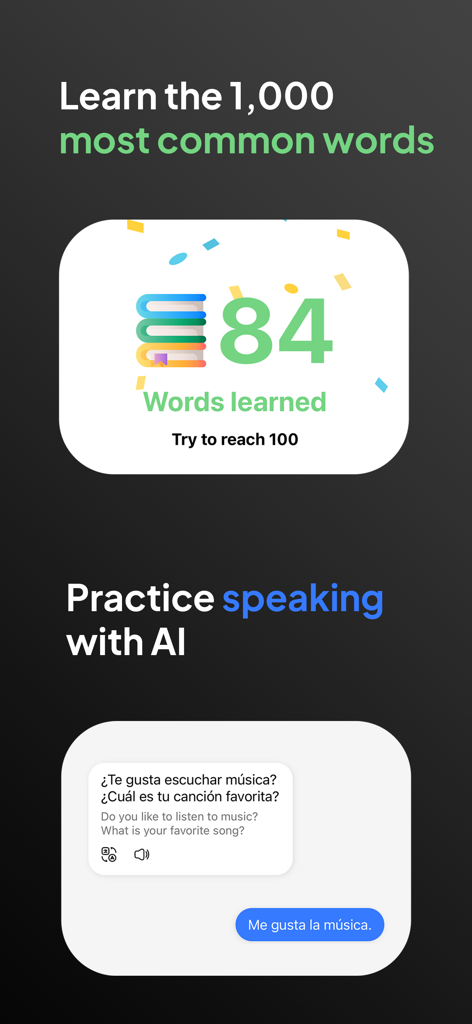 LangAI app interface showing word count progress and an AI conversational chat for speaking practice