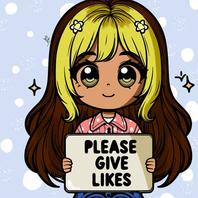 realistic cute girl holding a sign that says “please give likes”