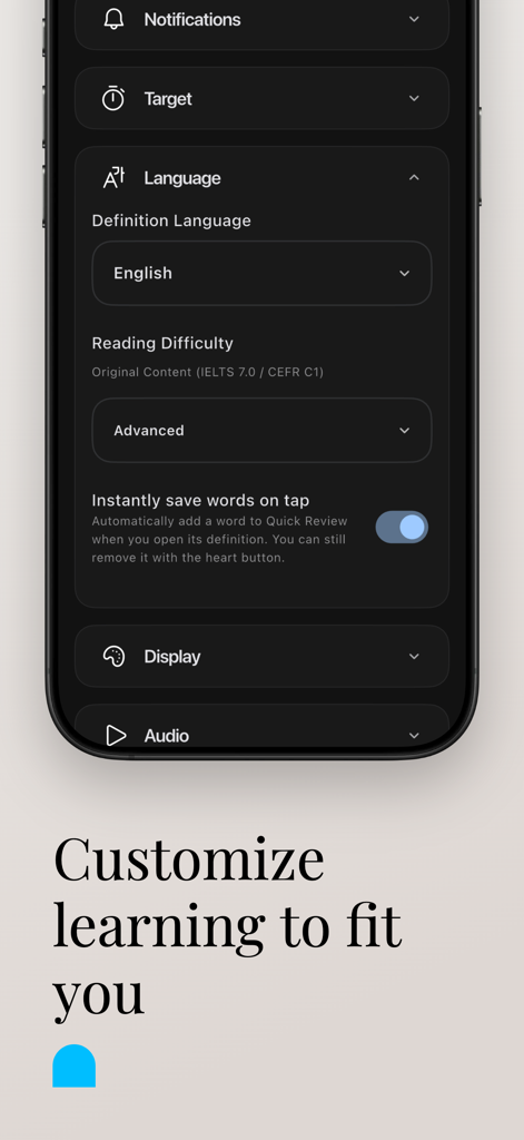 Onely: Advanced Vocab Builder - Interface of the Onely app showing customizable settings for reading difficulty and language definition levels.