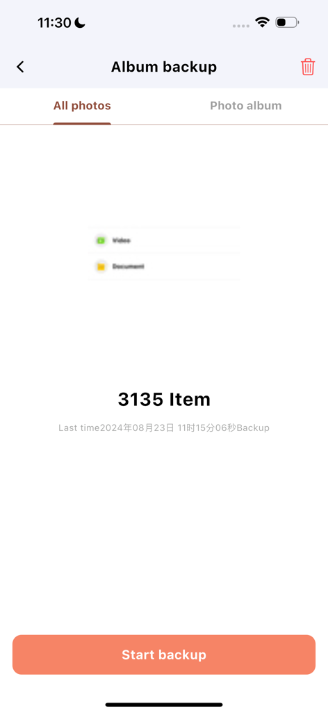 LinkBack app screenshot showing the album backup screen with a count of items and a start backup button