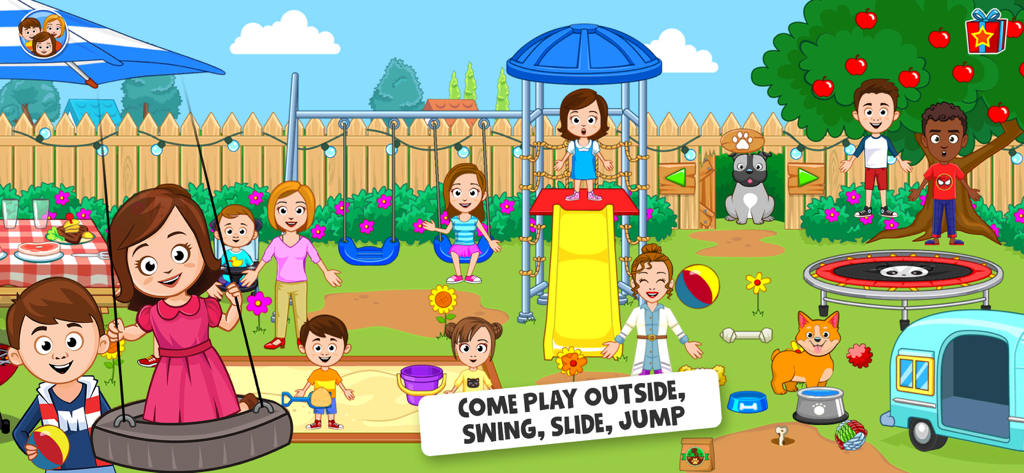 Children playing in an outdoor backyard with a slide, swings, and trampoline in My Town Home