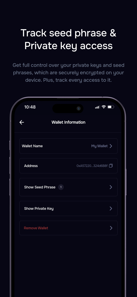 Peniwallet - Interfaz de la aplicación Peniwallet mostrando información de la billetera y configuraciones de seguridad para el acceso a la frase semilla y la clave privada.